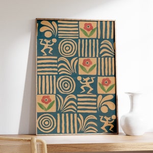 May include: A framed print with a geometric pattern in shades of blue, brown, and red. The pattern features stylized flowers, circles, and figures.