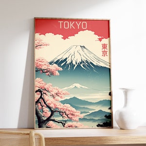 Tokyo Travel Poster, Japanischer Reisedruck, Mount Fuji Poster, Tokyo Wandkunst, Japan Print, Tokyo Print, Vintage Style, Japanische Blüten Kunst