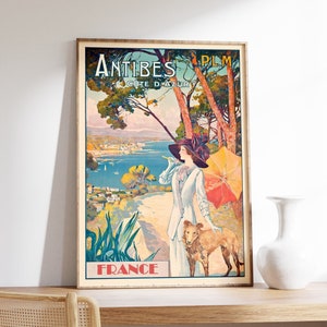 France Antibes Poster, Travel Print, French Print, Beach Ocean Wall Art, Summertime, Vintage Wall Art, Extra Large Poster. Woman With Dog
