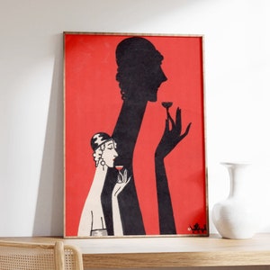 Frau und Schatten schlürfen Getränk Poster, lustiger Cocktail Druck, Art Deco, großes Kunst, Spirituosen und Wein Poster, Alkohol Poster, Cocktail Wandkunst