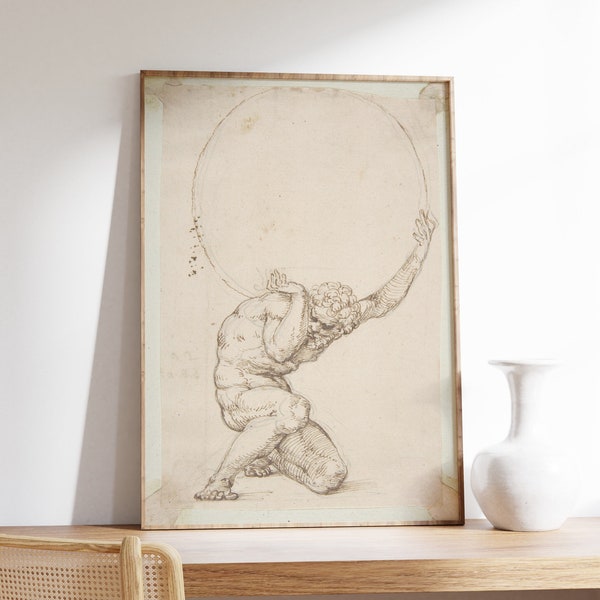 Crouching Figure of Atlas, Vintage Renaissance Painting, Baldassare Tommaso Peruzzi, Italian Poster, Large Wall Art, Renaissance Print