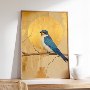 Impresión de golondrina azul vintage, cartel de golondrina estilo Japandi, arte de pared de golondrina dorada, cartel de aves, arte de pared de animales, decoración de la habitación, impresión de la naturaleza