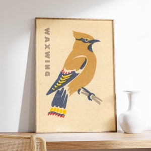 Impresión de ala de cera boho vintage, cartel de ala de cera, arte de pared de ala de cera de color suave, cartel de aves, arte de pared de animales, decoración, impresión de la naturaleza, ilustración