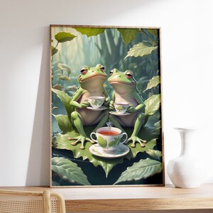 Two Frogs Drinking Tea Vintage Poster, Art Deco, Vintage Print, Colorful Wall Art, Large Wall Art Print, Decor, Retro Poster, Amphibious
