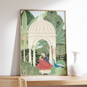 Mujer y un pavo real Vintage impresión india, miniatura india de Rajasthan, cartel indio, arte de la pared india, decoración de la habitación, arte botánico indio