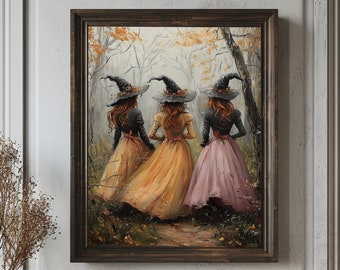 Vintage Three Witches Halloween Poster, Spooky Season Wall Art