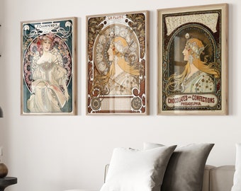 Conjunto de 3 pósteres vintage Art Déco de Alphonse Mucha, artista famoso.