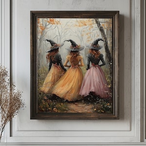 Halloween Witchy Wandkunst, Drei Hexen Druck, Vintage druckbare Kunst Halloween, Gruselige Hexe Wanddekor, Hexe Poster, Gruselige Saison Kunst