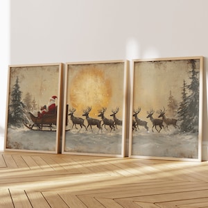 Juego de 3 pósteres de trineo de Papá Noel, juego de pósteres navideños, ciervos, arte de Papá Noel, país de las maravillas invernal, decoración navideña para el hogar. Impresión de Papá Noel