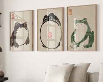 Set Of 3 Matsumoto Hoji Frog Prints, Vintage Frog Wall Art, Matsumoto Hoji Poster, Extra Large Wall Art, Animal Print, Japan Art, Japandi