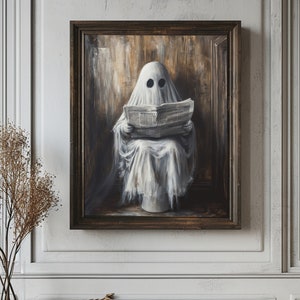 Ghost Reading Newspaper on Toilet Print, Dark Academia, Whimsical Ghost Bathroom Portrait Halloween Vintage Poster, Gothic Painting