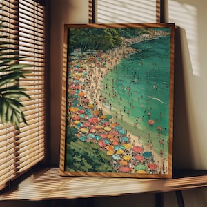 Ilustración de playa japonesa vintage, pintura japonesa en acuarela, impresión navideña, impresión marina, cartel de verano, libro de arte, estilo Miwa Komatsu