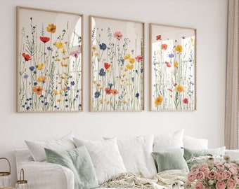 Floral Watercolor Print Set, Wildflower Field Art, Boho Wall Decor
