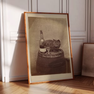 Cartel divertido de la barra de alcohol del gato, impresión divertida del camarero, portada del libro antiguo, arte de la pared grande, cartel de licores y vinos, cartel de alcohol, decoración de la pared del bar