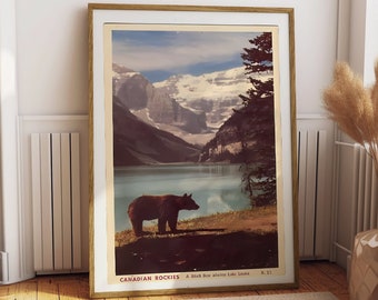 Pôster de viagem vintage do urso preto do Lago Louise, impressão das Montanhas Rochosas Canadenses