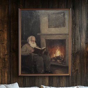 Vintage Santa Claus Reading a Book oil Painting Print, Father Christmas Print, Vintage Christmas Decor, Christmas Art, Dark Academia Print