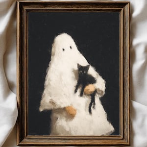 Ghost Holding a Black Cat Print, Halloween Art Poster, Spooky Ghost Wall Art, Fall Decoration, Halloween Wall Decor, Dark Academia