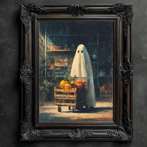 Ghost Going Grocery Shopping Print, Halloween Art Poster, Spooky Ghost Wall Art, Fall Decoration, Halloween Decor, Dark Academia, Pumpkin