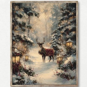 Póster de reno con astas navideñas, impresión de reno, decoración navideña vintage, decoración rústica de granja, arte navideño, póster de paisaje invernal