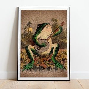 Een kikker die banjo speelt in het maanlicht Vintage poster, art deco, vintage print, kleurrijke muurkunst, grote muurkunst print, decor, retro poster
