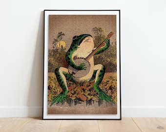 A Frog Playing Banjo in The Moonlight Vintage Poster, Art Deco, Vintage Print, Colorful Wall Art, Large Wall Art Print, Decor, Retro Poster
