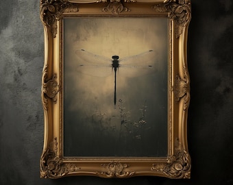 affiche vintage libellule, impression botanique Moody, décor Dark Academia