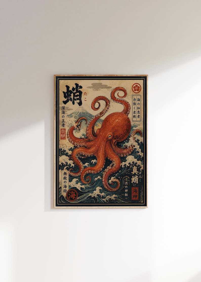 May include: A rectangular wall art print featuring a large, detailed orange octopus centered over dark blue, stylized ocean waves. In the background, a mountain peak is visible. The print includes various Japanese characters and red circular seals.