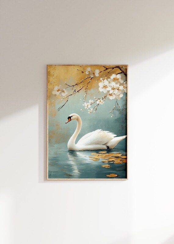 Japandi Swan Print, Beige & Gold Tones, Japanese Wall Art - Etsy