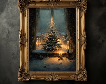 Puede incluir: Pintura enmarcada que representa una escena navideña. La obra presenta un árbol de Navidad decorado frente a una ventana, con un pueblo nevado al fondo. El marco es dorado y ornamentado, añadiendo un toque de elegancia.