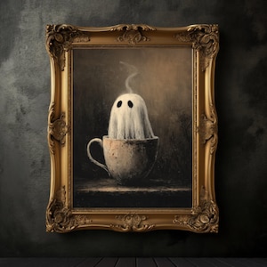 Stampa di un fantasma che galleggia nella tazza di caffè, poster artistico di Halloween, decorazione da parete con fantasmi spettrali, decorazione autunnale, decorazione da parete di Halloween, Dark Academia
