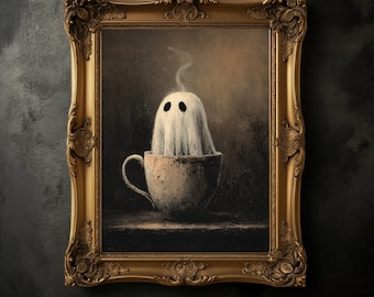 Ghost in Coffee Cup Art Print, Spooky Halloween Poster
