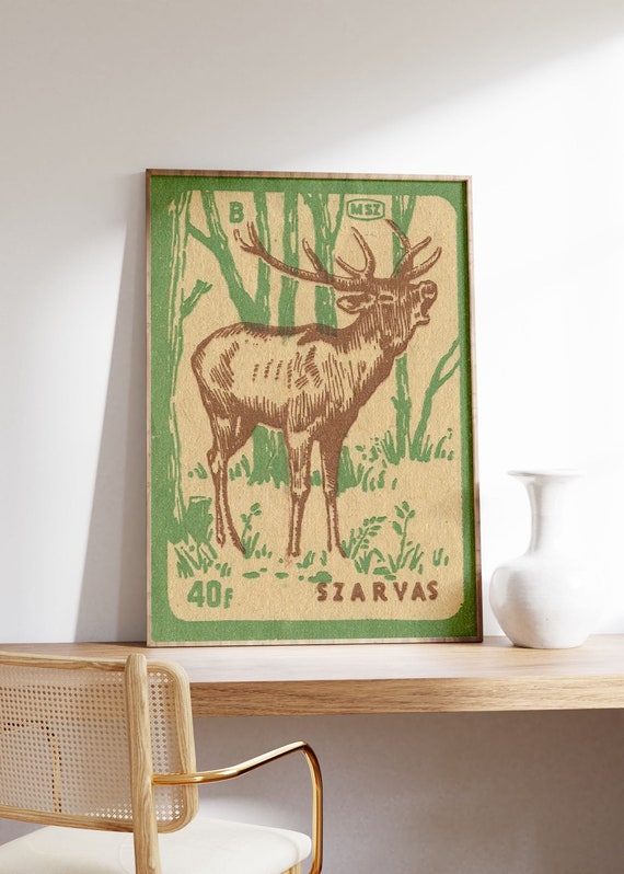 Deer Matchbox Print, Vintage Reindeer Print, Deer Wall Art, Hungarian Matchbox Label. Matchbox Print, Rustic Deer Wall Decor, Reindeer Art