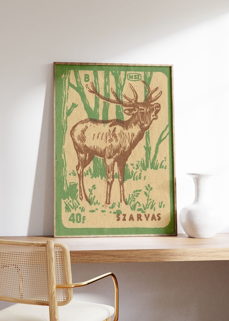 Vintage hjort tändsticksasktryck, ungersk renkonst bild 1