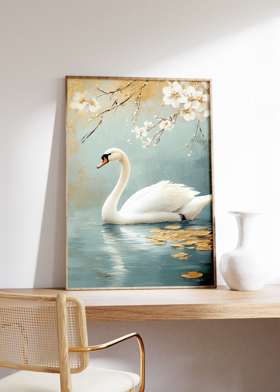 Japandi Style Swan Painting, Japanese Swan Print, Muted Beige and
