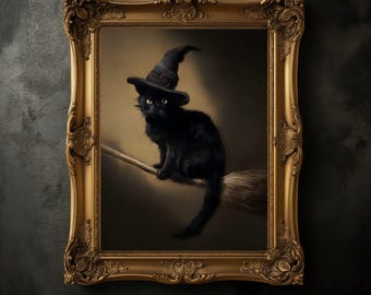 Lámina artística de bruja con gato negro, decoración de pared de Halloween, estilo academia oscura