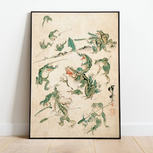 Frog Fight Vintage Japanese Poster, Art Deco, Vintage Print, Colorful Wall Art, Large Wall Art Print, Room Decor, Battle Of The Frogs