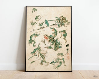 Frog Fight Vintage Japanese Poster, Art Deco, Vintage Print, Colorful Wall Art, Large Wall Art Print, Room Decor, Battle Of The Frogs