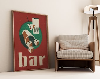 May include: A red poster with a green circle containing a martini glass, dice, and a brown cylinder. The word "bar" is printed in white letters at the bottom of the poster.