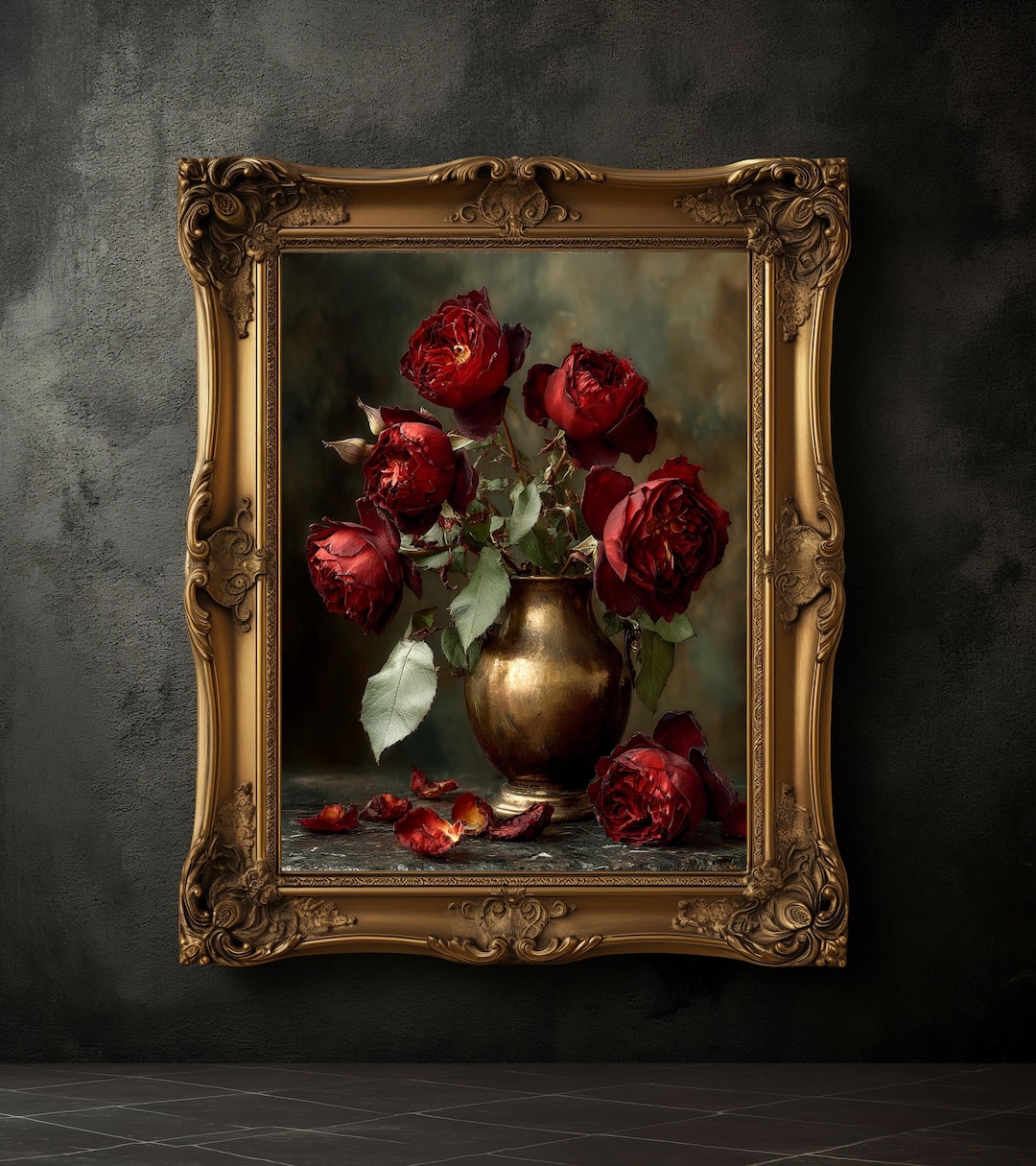 Dark Red Roses Still Life Print, Vintage Floral Painting, Moody ...