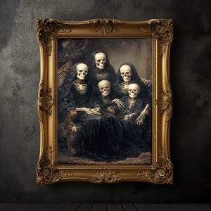Stampa della famiglia di scheletri, poster artistico di Halloween, decorazione da parete con fantasmi spettrali, decorazione autunnale, decorazione da parete di Halloween, Dark Academia
