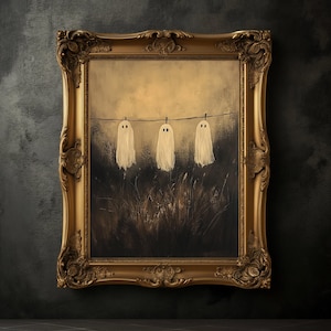 Three Ghost Hanging on the Line Print, Halloween Art Poster, Spooky Ghost Wall Art, Fall Decoration, Halloween Decor, Dark Academia