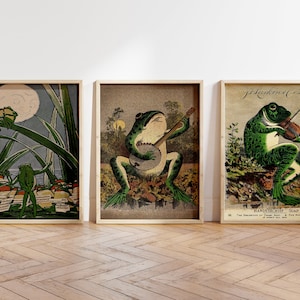 Set Of 3 Vintage Frog Prints, Vintage Japanese Wall Art, Frog Poster, Extra Large Wall Art, Frog Chorus, Frog Playing Banjo, Two Funny Frogs