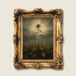 Peut inclure: Une peinture encadr&eacute;e repr&eacute;sentant un seul tournesol dans un champ, avec un ciel sombre et orageux en arri&egrave;re-plan.