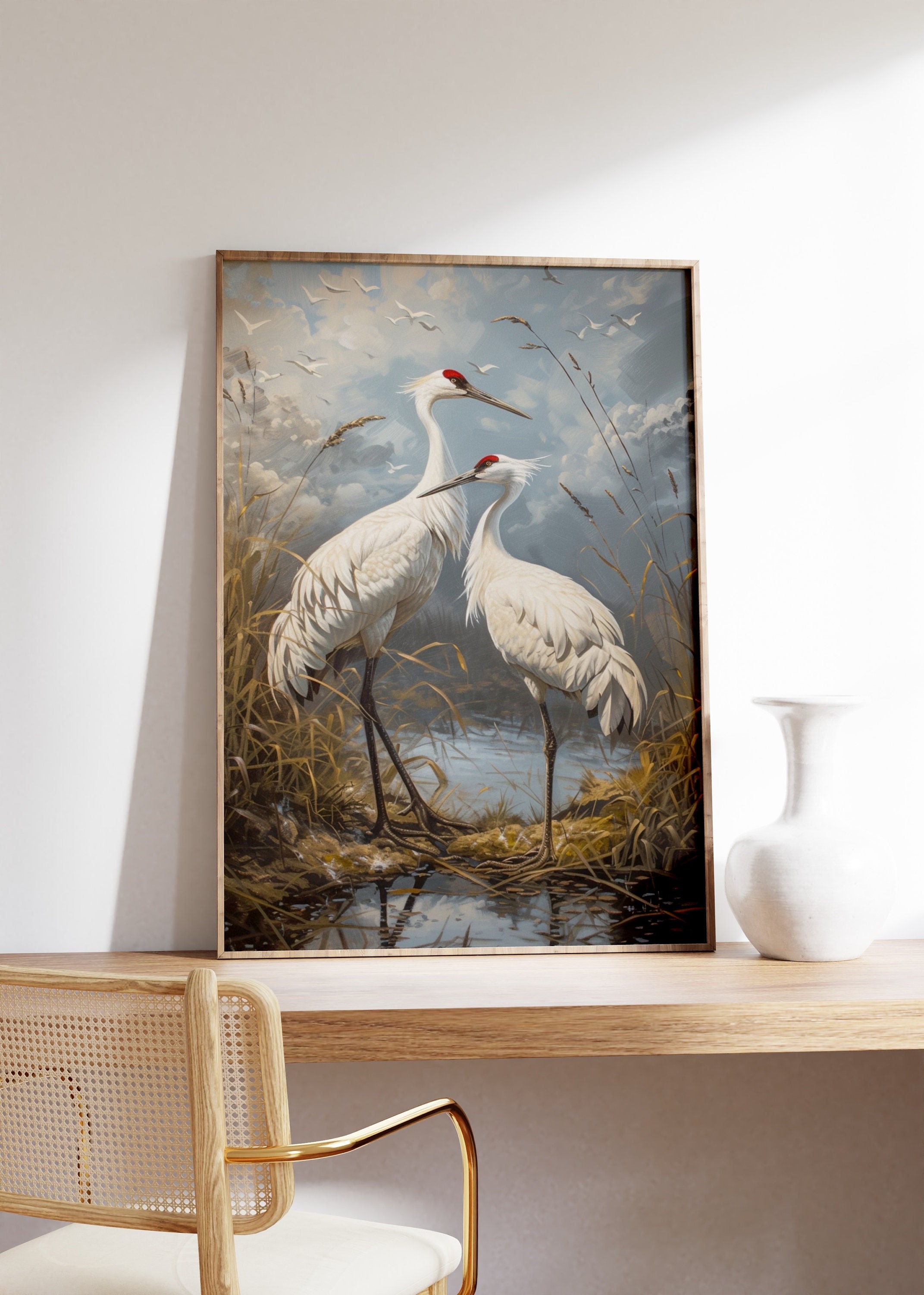 Two Crane Painting, Japanese Crane Print, Muted Red an Pink