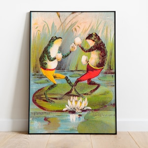 Frog vs Toad, Funny Boxing Fight, Vintage Poster, Art Deco, Vintage Print, Colorful Wall Art, Large Wall Art Print, Decor, Amphibious