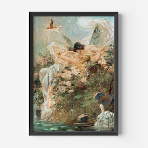 Two Fairies Embracing in a Landscape with a Swan, Hans Zatzka Famous Painting, Large Wall Art, 20th Century Painting, Romantic Wall Art