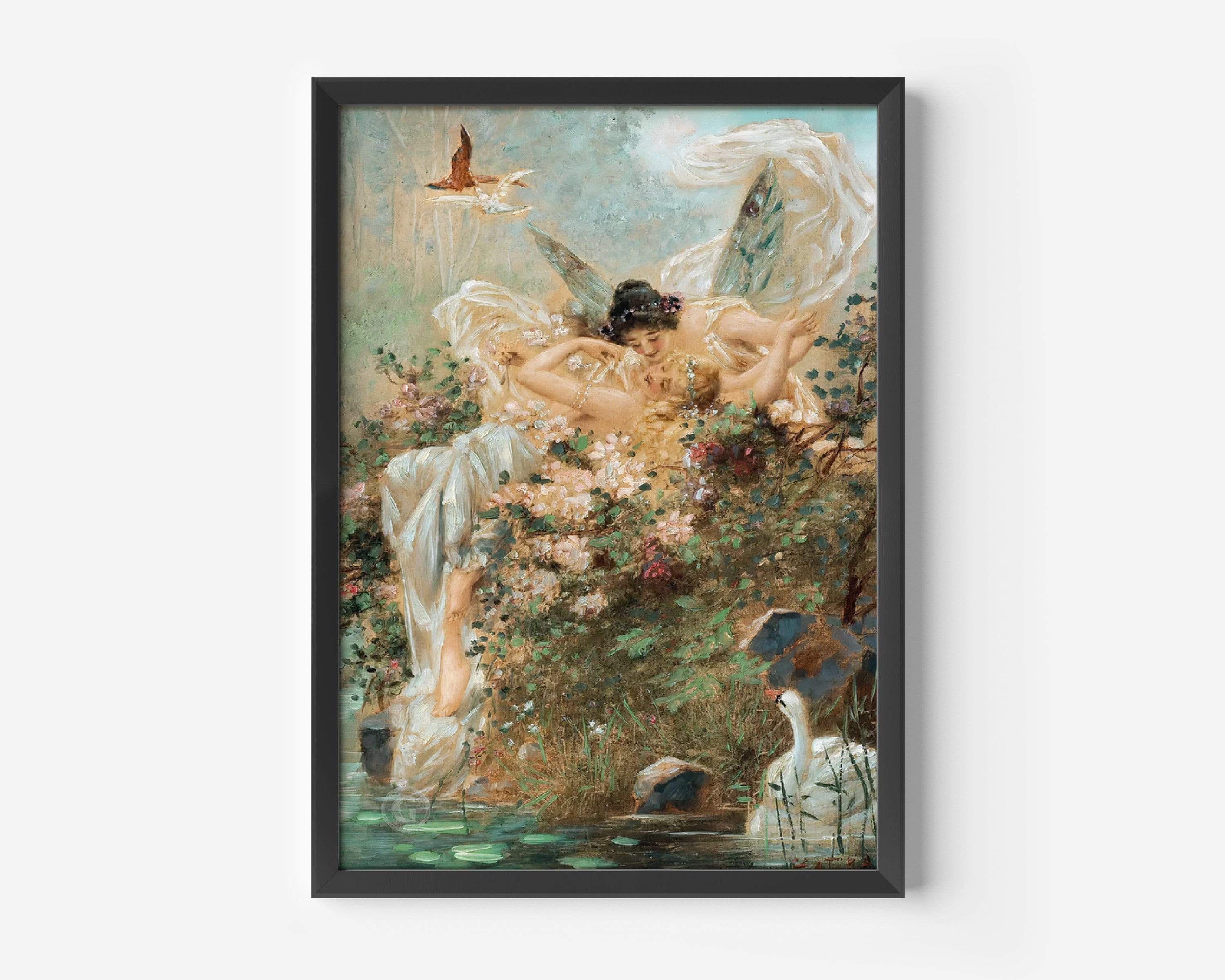 Two Fairies Embracing in a Landscape With a Swan, Hans Zatzka
