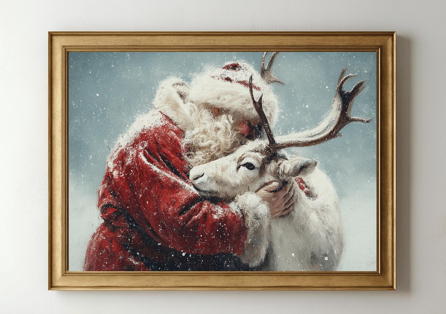 ヴィンテージのサンタクロースとトナカイの油絵プリント