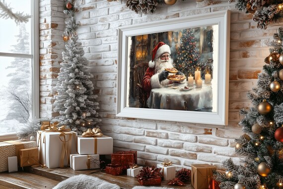 クリスマス　クリスマスアート　ピン一本で壁掛け可能　新品① ピザを食べるサンタクロースのポスター、ヴィンテージクリスマス壁飾り