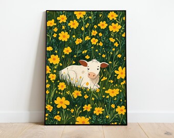 Cute Cow In The Field Poster, Art Deco, Vintage Print, Colorful Wall Art, Large Wall Art Print, Room Decor, Retro Cow Poster, Farm Poster